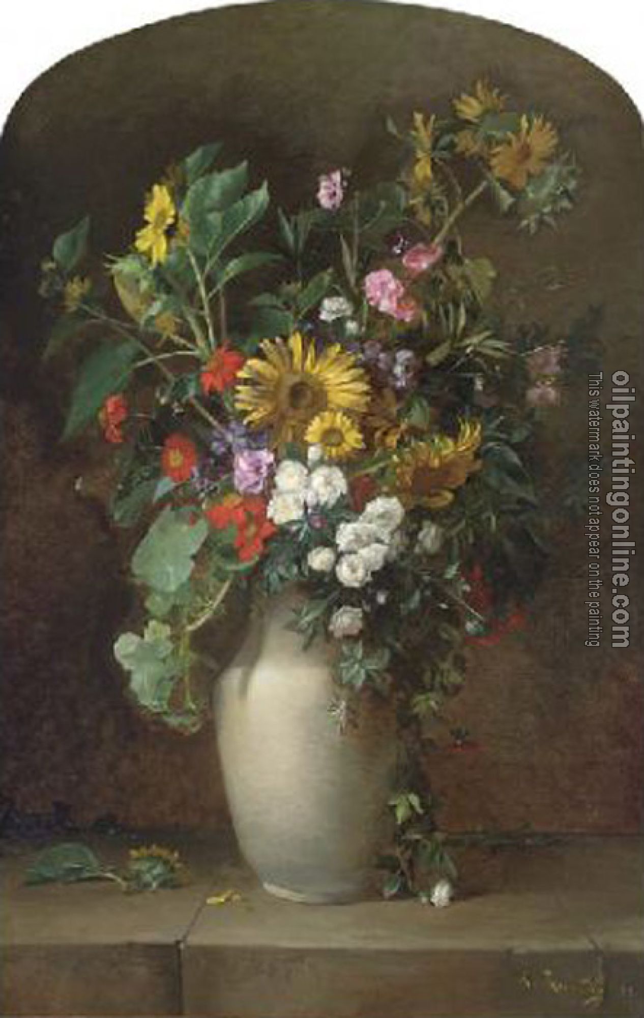 Renaudin, Alfred - Sunflowers, roses, and other summer blooms in a vase on a stone ledge